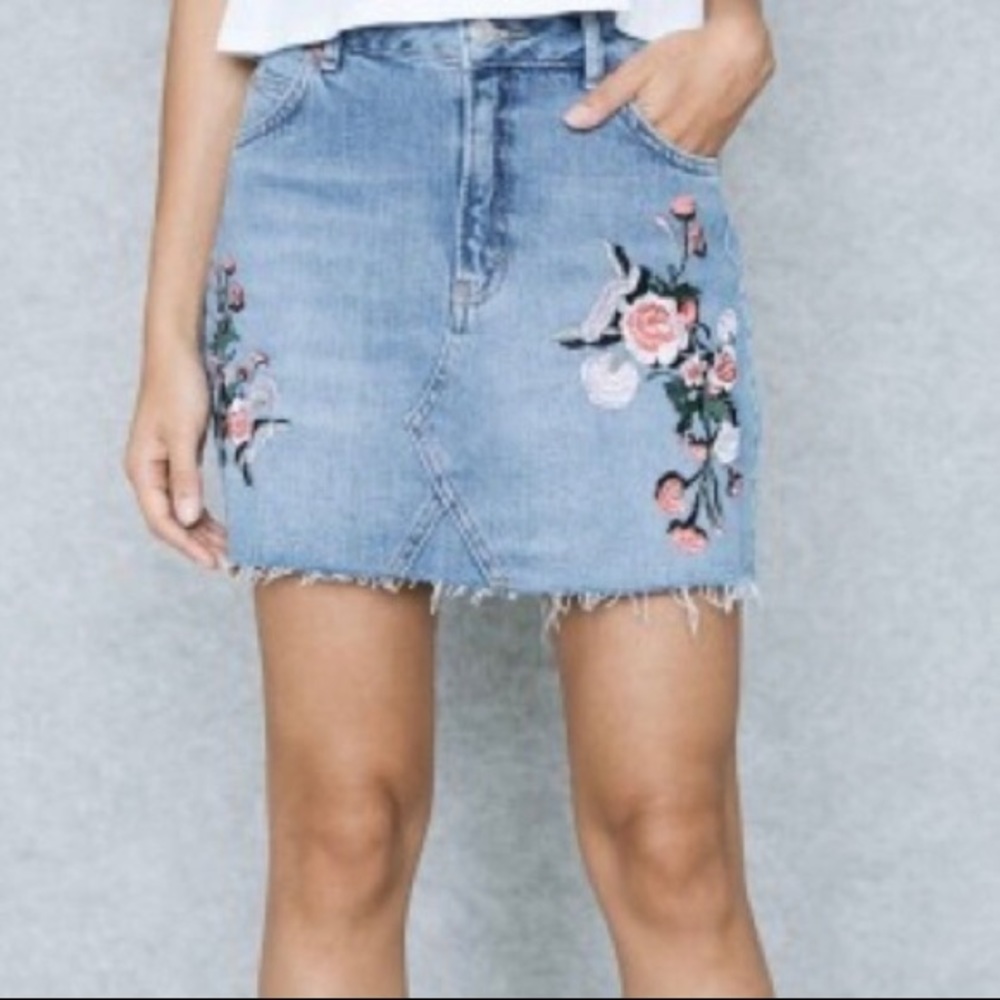 TopShop Floral Embroidered Denim Mini Skirt